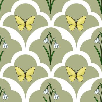 Seamless pattern featuring delicate yellow butterflies and white snowdrops against a muted sage green background with an elegant scalloped overlay. vector