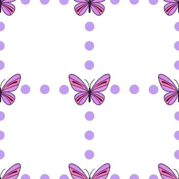 Seamless pattern featuring stylized butterflies and soft purple polka dots on a white background. vector