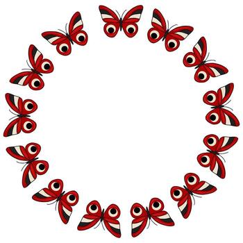 caprichoso marco de estilizado rojo mariposas con prominente parecido a un ojo marcas, arreglado en un circular composición en contra un limpiar blanco antecedentes. vector