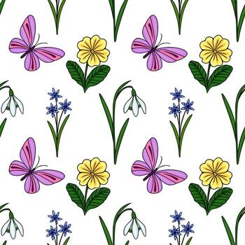 sin costura modelo presentando delicado primavera flora y vibrante mariposas, con campanillas de invierno, cebolla albarrana, y prímulas en un juguetón, ilustrativo estilo. vector