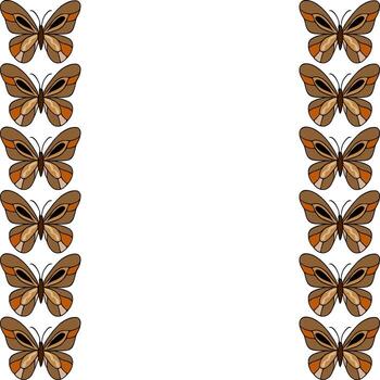 A stylized illustration featuring a vertical arrangement of warm-toned butterflies with intricate wing patterns, creating a decorative border. vector