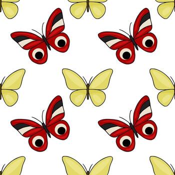 Seamless pattern featuring stylized red and yellow butterflies with bold outlines and eye like markings on a clean white background. vector