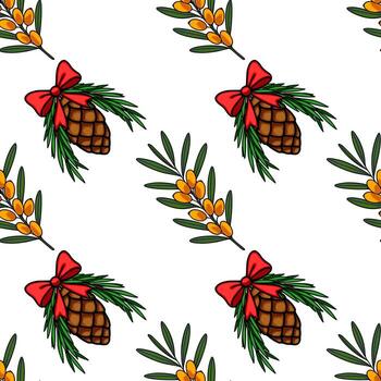 sin costura modelo presentando pino conos adornado con rojo arcos y mar espino cerval ramas con dorado bayas. vector