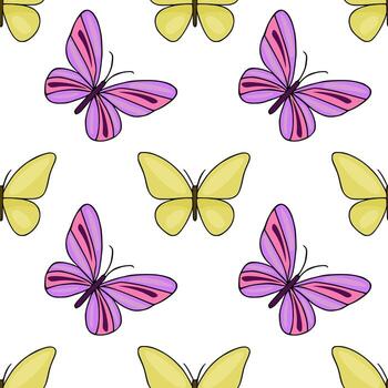 Seamless pattern of stylized butterflies with pink and yellow wings, set against a clean white background, ideal for decorative applications. vector