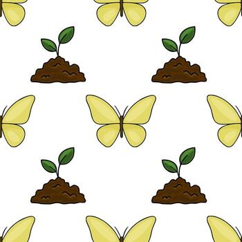 Seamless pattern of yellow butterflies and green seedlings emerging from soil, rendered in a simple, charming cartoon style. vector