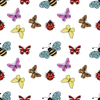 Seamless pattern featuring a charming collection of colorful insects, including butterflies, bees, and ladybugs, set against a clean white background. vector