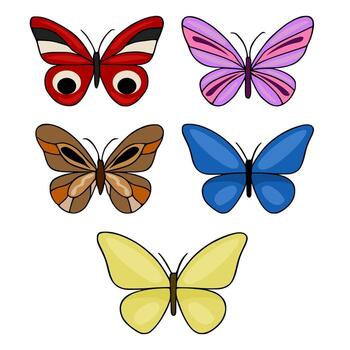 un vibrante colección de cinco estilizado mariposas, cada con único coloraciones y patrones, presentado en un limpiar blanco antecedentes. vector