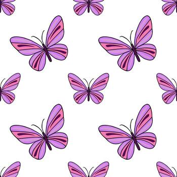 sin costura modelo de estilizado púrpura y rosado mariposas con negrita negro contornos, creando un juguetón y caprichoso antecedentes. vector