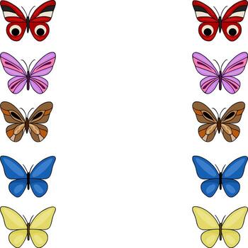 A charming collection of five distinct butterfly illustrations, each rendered in bright, cheerful colors, arranged symmetrically on a clean white background. vector