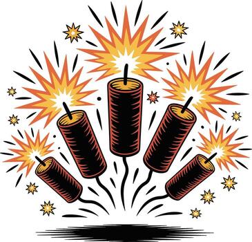 Five Black Firecrackers Exploding With Orange Yellow Sparks vector