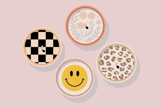 Four round decorative elements with patterns on pink background vector