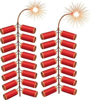 Two strings of red firecrackers with lit fuses vector