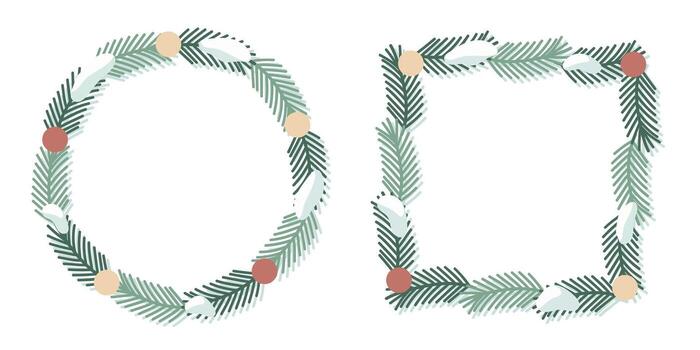 Wreath round and square frame with fir branches and ornaments, minimal flat design, simple modern Christmas decoration isolated on white background. vector