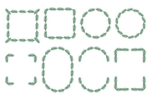 conjunto de rectangular y redondo marcos y rincones hecho de abeto sucursales, mínimo plano Navidad decoración aislado en blanco antecedentes. vector