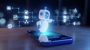 Friendly AI chatbot robot emerging from smartphone, connected to digital data network. Represents future technology, smart automation, innovation, digital assistant services. Modern tech concept. video
