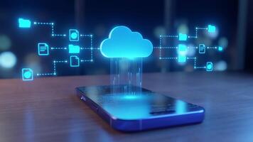 moln datoranvändning begrepp smartphone hantera digital data, filer, mappar. säkra, snabb information överföra, lagring, modern teknologi, nätverk, Cybersäkerhet, mobil lösningar video