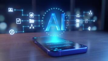 ai begrepp smartphone, lysande digital nätverk ikoner ansluter data, moln, server, användare. representerar artificiell intelligens, maskin inlärning, teknologi, framtida innovation, digital omvandling. video