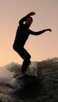 dynamisk surfing verkan på solnedgång. en spännande erfarenhet ridning vågor med skicklighet och nåd i en lugn miljö video