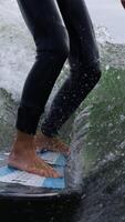 A Close-Up Perspective of a Surfer Riding a Wave, Showcasing Feet on the Board and Adding Action to the Dynamic Surfing Experience video
