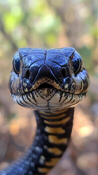 Close encounter with a striking snake in natural habitat during daylight. photo