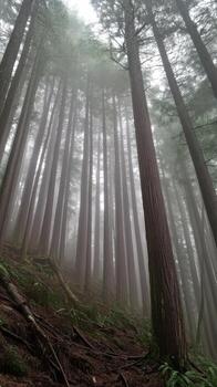 A forest with tall trees and fog photo