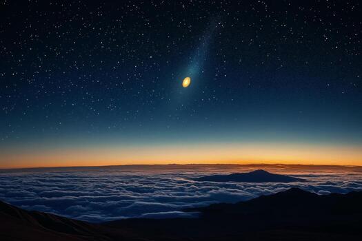 A comet is seen in the sky above a mountain photo