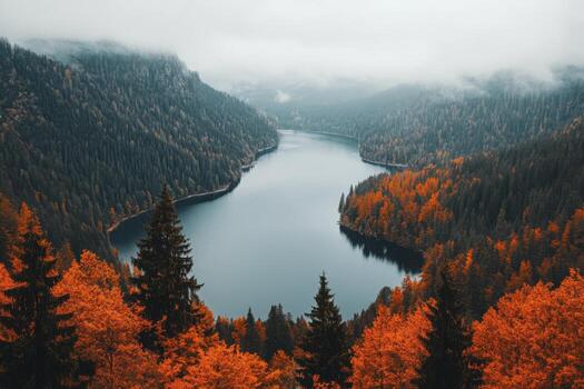 A lake surrounded by trees and mountains in the fall photo