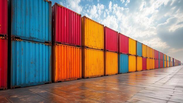 A row of colorful shipping containers photo