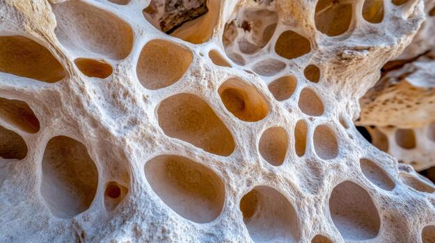 Close-up view showcases the complex, porous texture of spongy bone, emphasizing its unique microstructure and essential role in skeletal anatomy and health photo