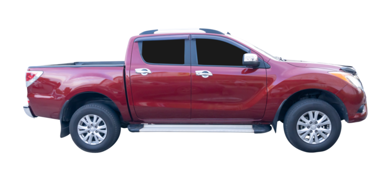 Clean red pickup truck with right side view parking isolated with clipping path in file format png