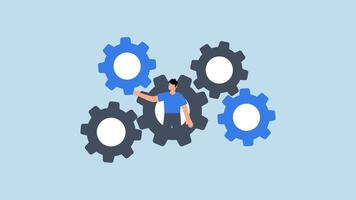 Process and workflow optimization, 4k animation of businessman on gear, cogwheels optimize process. video