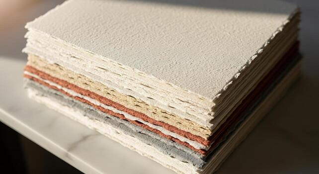 Stack of Textured Handmade Papers in Various Colors on White Surface - Generated using AI photo