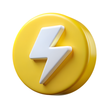 High quality 3D rendered yellow circle icon featuring a solid white lightning bolt symbol isolated on a transparent background for power energy fast speed and thunder concepts png
