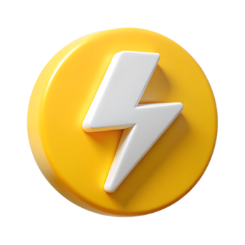 High quality 3D rendered yellow circular button featuring a glossy white lightning bolt symbol isolated on a transparent background for power energy and speed concepts png
