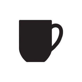 Minimalist black silhouette icon of a classic drinking mug, representing coffee, tea, or any hot beverage container. A versatile graphic element for design, web, and print vector