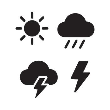esencial negro silueta clima iconos, representando varios atmosférico pronóstico elementos brillante sol, amable lluvia, y poderoso iluminación, ideal para digital interfaces y gráfico diseño proyectos vector