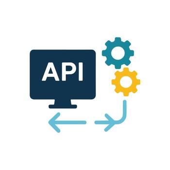 API concept illustration showing computer screen with text API and connected gears representing technology and integration vector