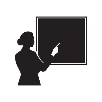 Silhouette of a woman presenting, pointing at a blank screen. This graphic conveys education, business instruction, and communication, perfect for teaching, training, and informational design vector