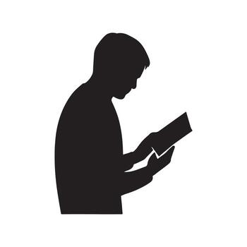 Silhouette of a man engrossed in reading a book, capturing the essence of knowledge and contemplation vector