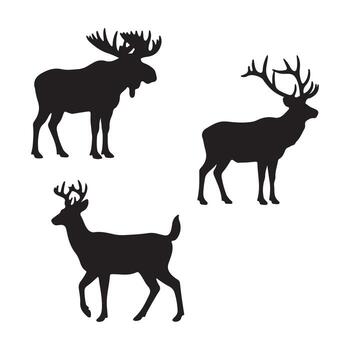 silhouette collection of forest animals including a moose, elk, and deer. Wild ungulate icons for graphic design vector