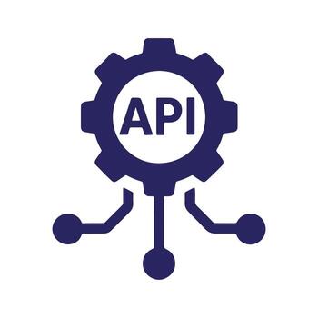 Blue gear icon symbolizing an Application Programming Interface, representing software development, system integration, and secure data exchange protocols vector