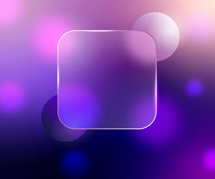 Abstract, purple gradient background with frosted glass plate with copy space. Flying 3D blurred and focal spheres. Banner template and covers for advertising on social networks, websites, leaflets. vector