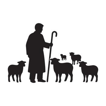 Silhouette of a Shepherd with His Flock of Sheep on a White Background, symbolizing care and guidance vector