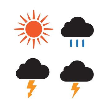 Dynamic collection of weather forecast icons, including bright sun, rainy clouds, and powerful lightning storms, ideal for digital interfaces and meteorological applications for daily planning vector