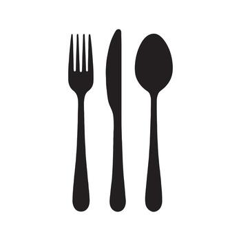 Minimalist black and white icon of a dinner setting with a fork, knife, and spoon. A perfect digital graphic for culinary themes vector