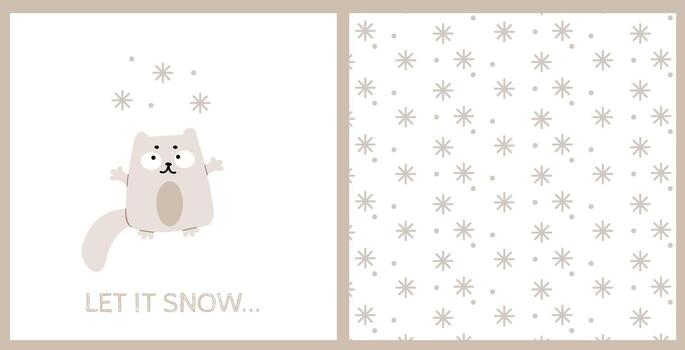 conjunto con un tarjeta postal presentando un gracioso gato y un copo de nieve modelo vector