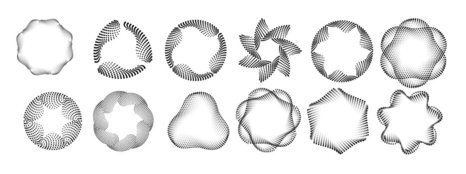 Set of circular halftone dot rings. Concentric motion lines and spiral speed shapes for technology logo, rotation effect, or futuristic design. vector
