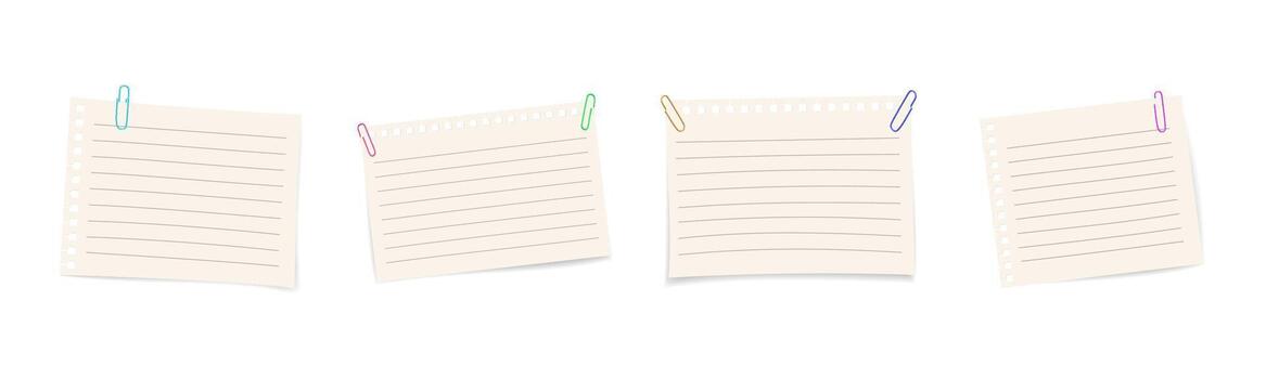 conjunto de blanco papel notas con 3d papel clips. realista colección de blanco hojas para oficina, memorándum, o papelería diseño aislado en blanco antecedentes. vector