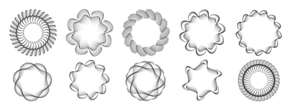 Circular dotted speed lines set. Abstract concentric halftone circles and spiral patterns symbolizing motion and rotation. dynamic swirl elements isolated on white background. vector
