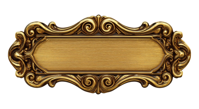 Golden nameplate with ornate decorative frame and scrollwork design, isolated on transparent background png